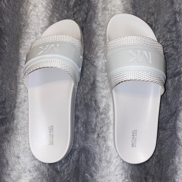 white michael kors slides